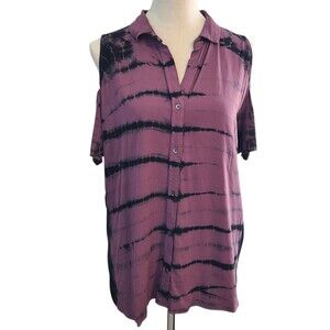 Rock & Republic Womens XL Purple/Black Tye Dye Cold Shoulder Hi-Low Hem Top Y2K